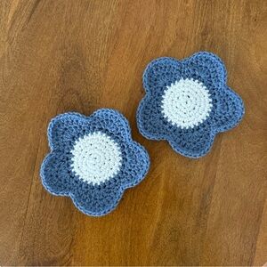 Crochet Blue and White Daisy Flower Coasters, Handmade